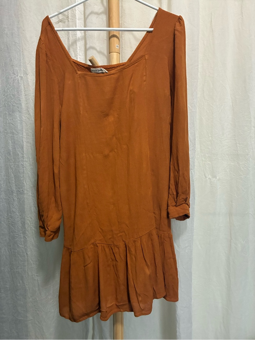 Women’s Rust Orange Long Sleeve Mini Dress with Ruffle Hem